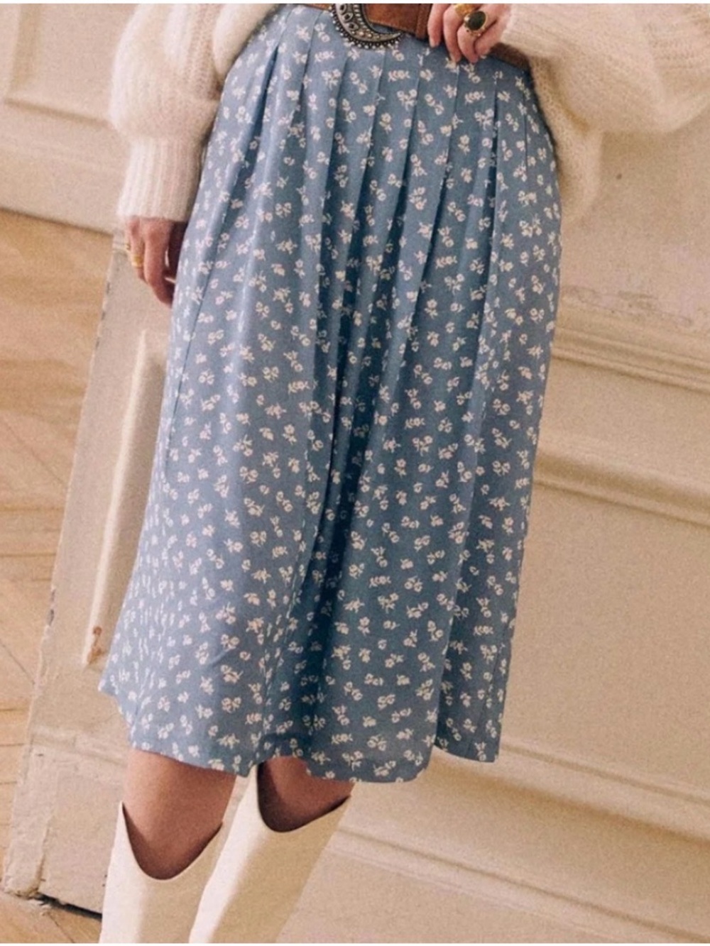 Sezane Alicia Blue Floral Midi Skirt Size 38 Fits 4/6